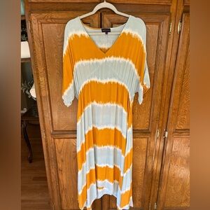 Atresia Striped Boho Maxi Dress V-neck Yellow & Blue Tie Dye Asymmetrical Large